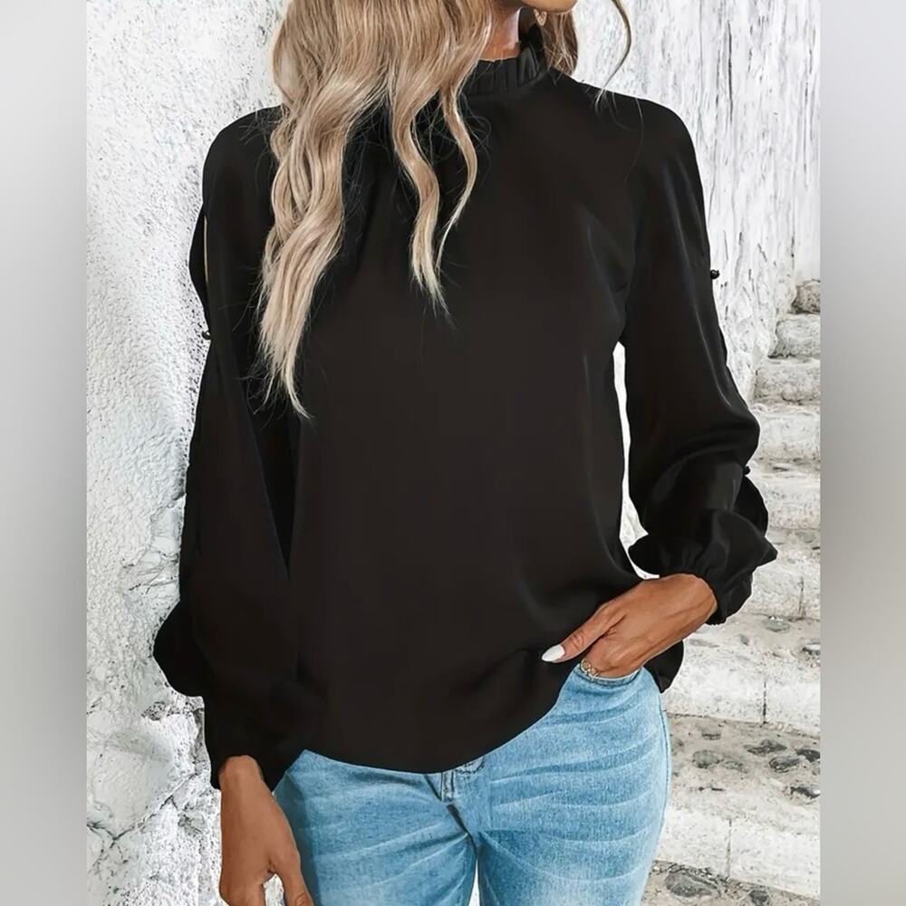 NWOT SHEIN Black Frill Mock Long Sleeve Cold Shoulder Top w Ruffle Neck sz XL